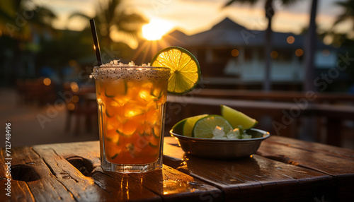 Refreshing cocktail on wooden table, summer vibes generated by AI