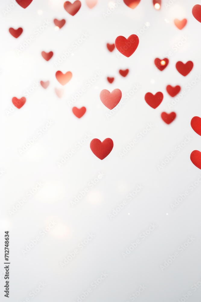 A beautiful, romantic Valentine's Day background with red hearts and bokeh sparkling lights.