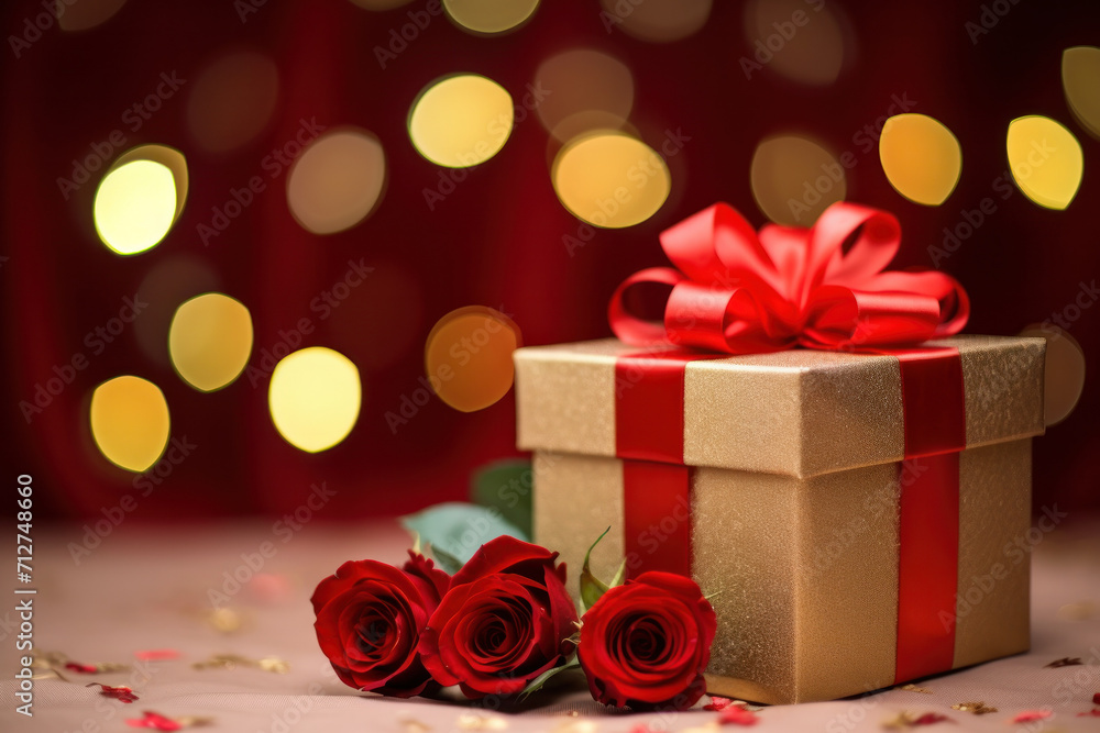 A golden holiday gift box with a bow and ribbon, surrounded by flowers, perfect for love-themed celebrations. A golden holiday gift box with a bow and ribbon, surrounded by flowers, perfect for love-themed celebrations.