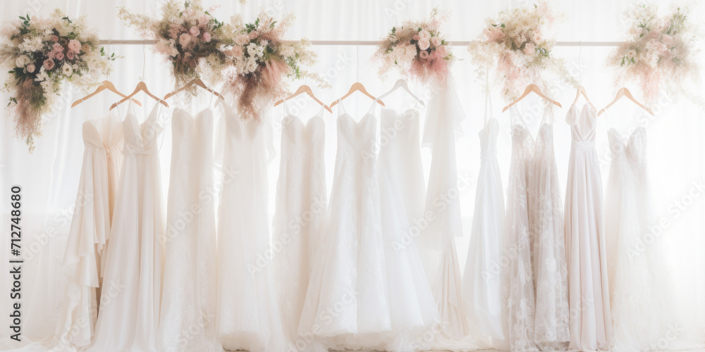 In a boutique, elegant white wedding dresses hang beside floral arrangements, embodying beauty and romance. In a boutique, elegant white wedding dresses hang beside floral arrangements, embodying beauty and romance.