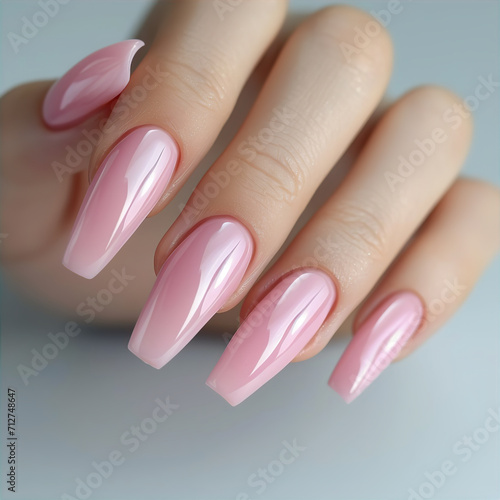 Hand model wearing light pink nail polish on manicured nails