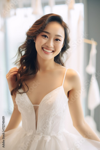 Radiant Asian bride in a wedding dress, smiling, embodying perfect beauty, slim figure, and sensuality.