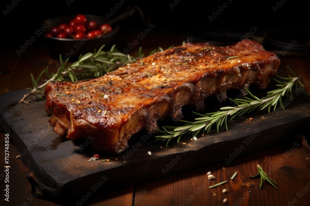 Large piece barbecue pork ribs with bbq sauce no sliced on cutting board black background, delicious snack for beer Large piece barbecue pork ribs with bbq sauce no sliced on cutting board black background, delicious snack for beer