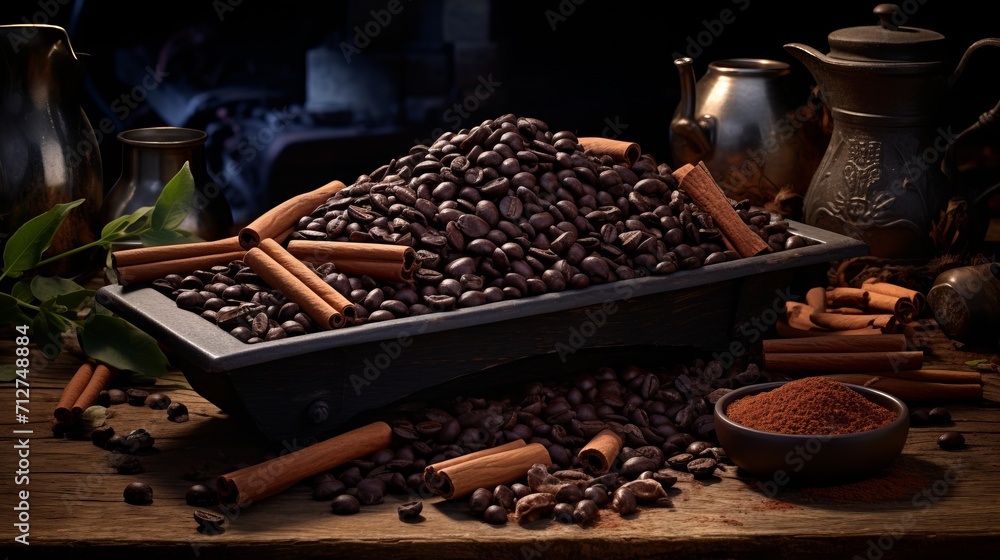 Scattered dark chocolate pieces and whole cocoa beans on culinary background for food photography Scattered dark chocolate pieces and whole cocoa beans on culinary background for food photography