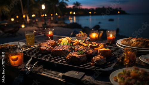 Grilled meat on fire, nature gourmet celebration of freshness generated by AI