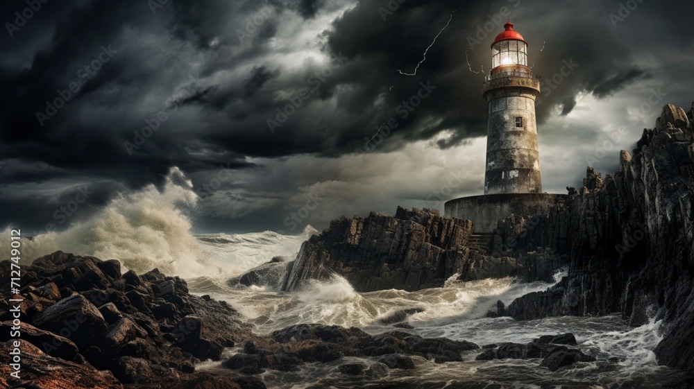 A solitary lighthouse standing tall against a backdrop of rolling waves and dramatic clouds -Generative Ai - obrazy, fototapety, plakaty 