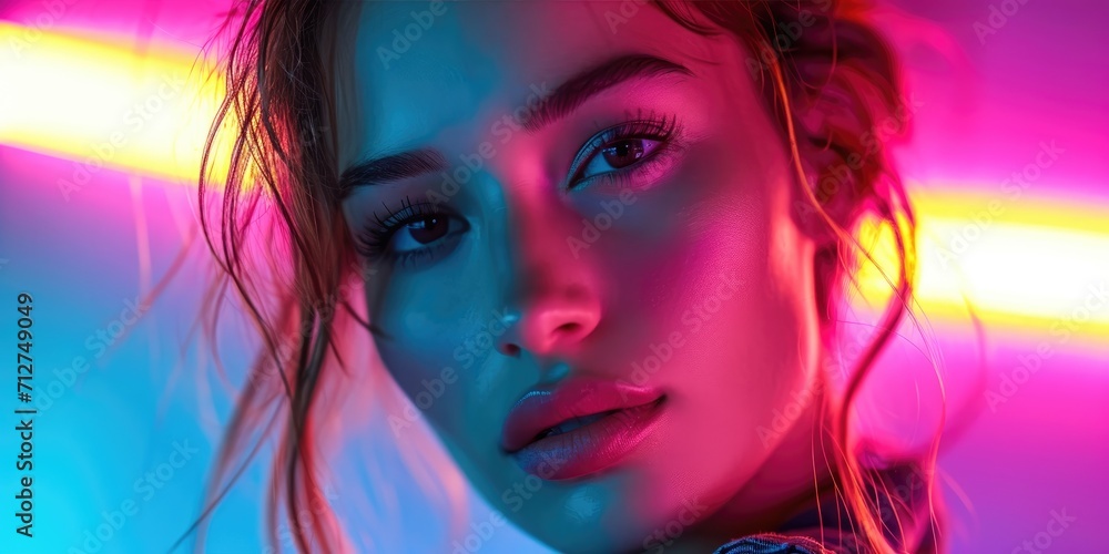 Gorgeous woman with luscious hair in neon lighting to accentuate her beauty