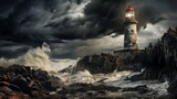 A solitary lighthouse standing tall against a backdrop of rolling waves and dramatic clouds -Generative Ai
