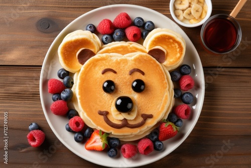 Funny breakfast for child, featuring bear-shaped pancakes adorned with blueberries and raspberries on white plate on wooden background