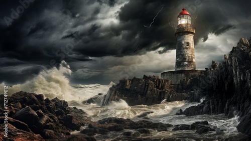 Fotografia A solitary lighthouse standing tall against a backdrop of rolling waves and dram