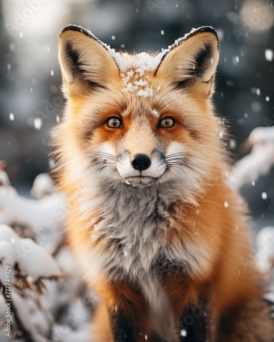 Portrait of red fluffy fox on snowy landscape in forest, standing and looking at camera
