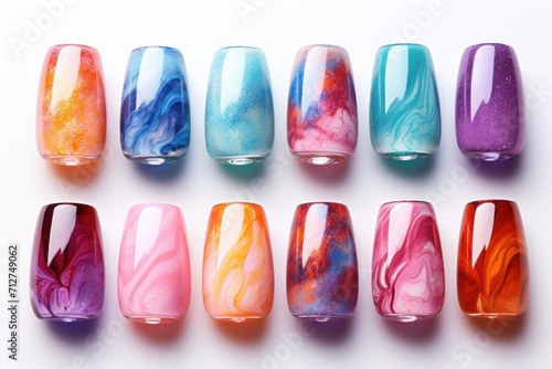 Set of different multi-colored nail polish samples, examples of coloring