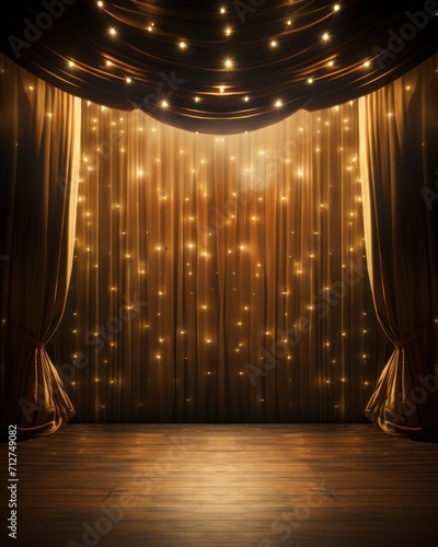 Empty theatrical stage in elegance with rich gold velvet curtains and accentuated by spotlights and small lights, background for presentation new product and montage