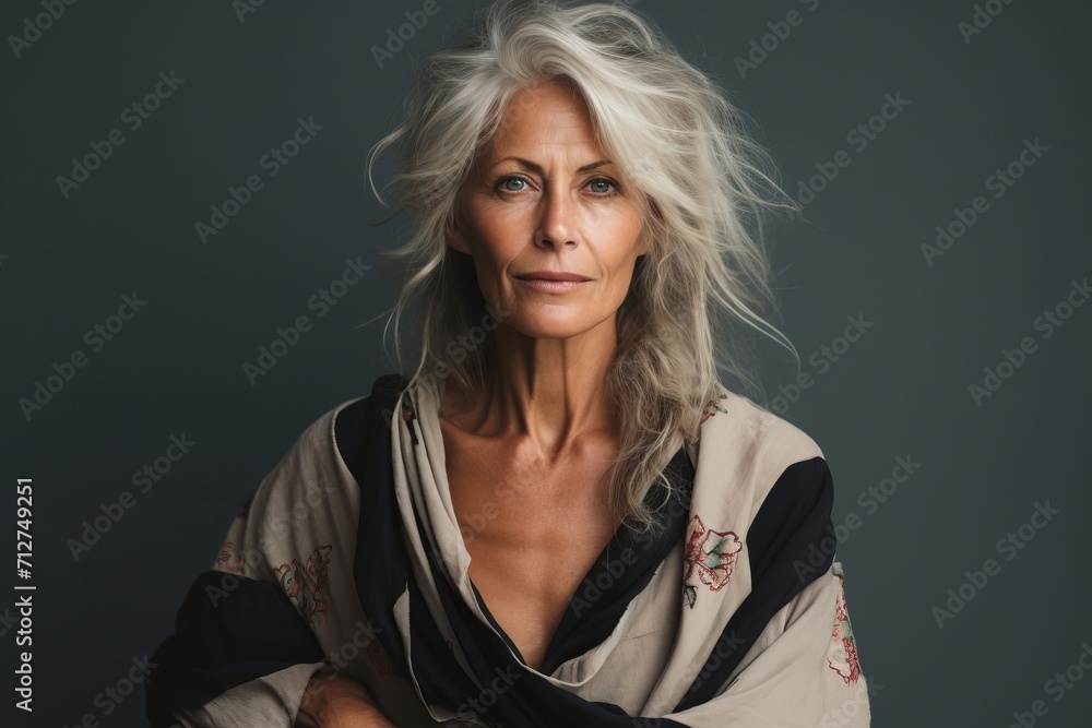 Portrait of a beautiful senior woman with grey hair and a shawl