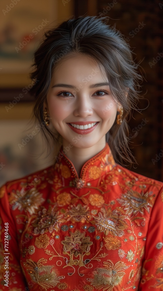 Indoor photography portrait of a Vietnamese woman in her 20s wearing traditional outfits, red and brown background. smiling into the camera and showing her teeth Indoor photography portrait of a Vietnamese woman in her 20s wearing traditional outfits, red and brown background. smiling into the camera and showing her teeth