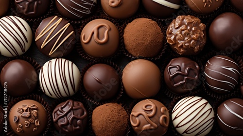 Delicious assortment of mouthwatering chocolate candies in a captivating top view arrangement