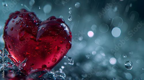 A heart-shaped red object glistens with dewy water droplets, capturing the essence of love and the fluid nature of emotion on valentine's day