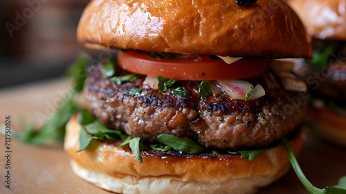 Indulge in the ultimate american dish with this mouth-watering close-up of a juicy, meaty buffalo burger, nestled between a soft sesame bun and topped with melted cheese, making it the perfect fast f photo