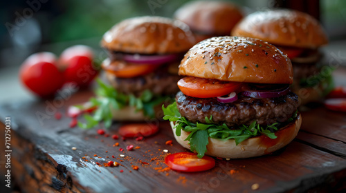 A mouth-watering array of american fast food favorites, including juicy hamburgers, crispy chicken sandwiches, and savory salmon burgers, displayed on a rustic wooden table with sesame buns and fresh photo