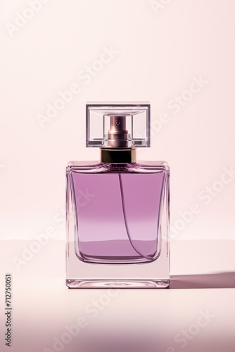 clear glass amethyst bottle with spray for perfume, for toilet water, women's perfume, branding, space for text