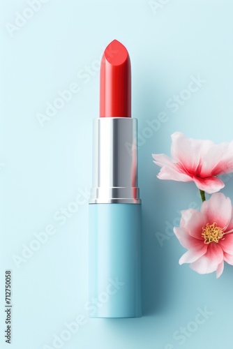mockup of a tube with red eco lipstick, on a blue background