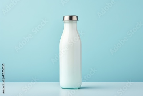 For industrial design. model of milk bottle made of glass with silver cap. on light blue background. photo