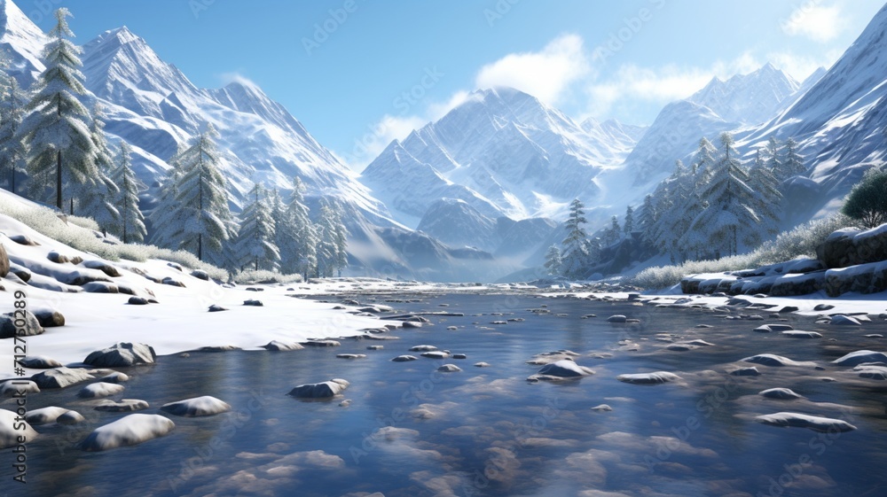 A sprawling glacier stretching into the distance, surrounded by snow-covered summits and reflected in a still alpine lake -Generative Ai