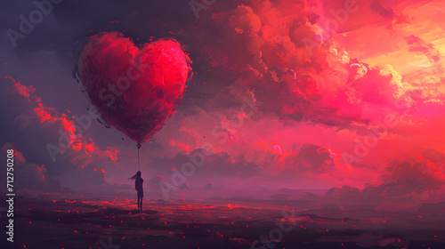 Foto A solitary figure stands beneath a vibrant sky, clutching a heart-shaped balloon
