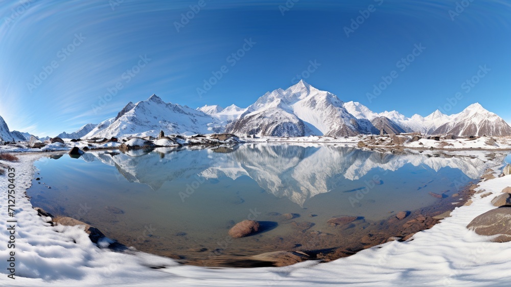 A sprawling glacier stretching into the distance, surrounded by snow-covered summits and reflected in a still alpine lake -Generative Ai