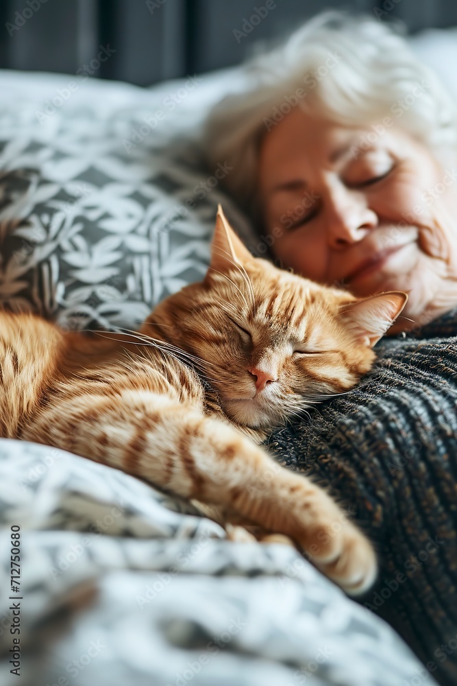 A senior woman rests serenely in bed with a cat in serene setting. Mature woman with her pet sharing the comforting warmth of sleep. Connection between human and pet. A senior woman rests serenely in bed with a cat in serene setting. Mature woman with her pet sharing the comforting warmth of sleep. Connection between human and pet.