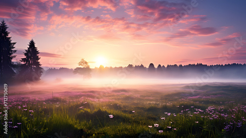 spring meadow in the morning at sunrise
