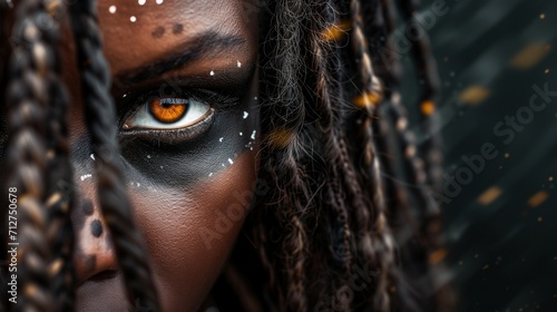 Beautiful african tribe woman, tribal markings, very detailed eye and iris, rasta hair, looking straight into the camera, black background photo