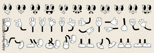Set of 70s groovy comic faces vector. Collection of cartoon character faces, leg, hand in different emotions happy, angry, sad, cheerful. Cute retro groovy hippie illustration for decorative, sticker