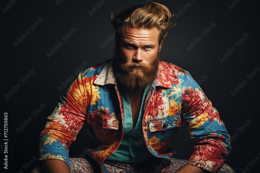 Handsome young man with long beard and moustache in colorful shirt sitting on black background Handsome young man with long beard and moustache in colorful shirt sitting on black background