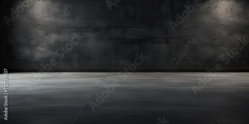Blank interior room with cement floor and black walls, suitable for product display. © Sona