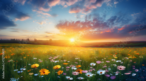 Sunset Over a Blooming Meadow
