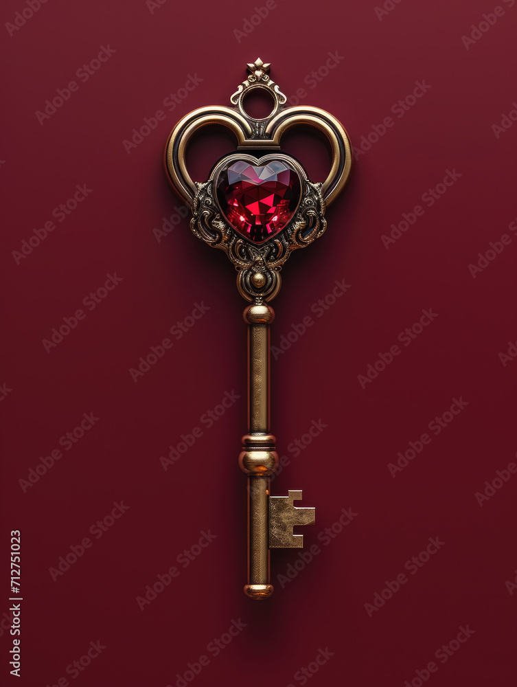 Romantic Ornate Key with Heart Design Over Textured Red Surface, Valentine's Day, Love Romantic Ornate Key with Heart Design Over Textured Red Surface, Valentine's Day, Love