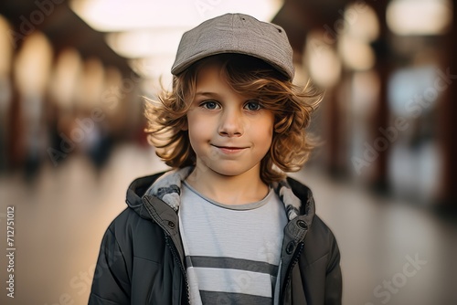 Portrait of a cute little boy with curly hair in a cap