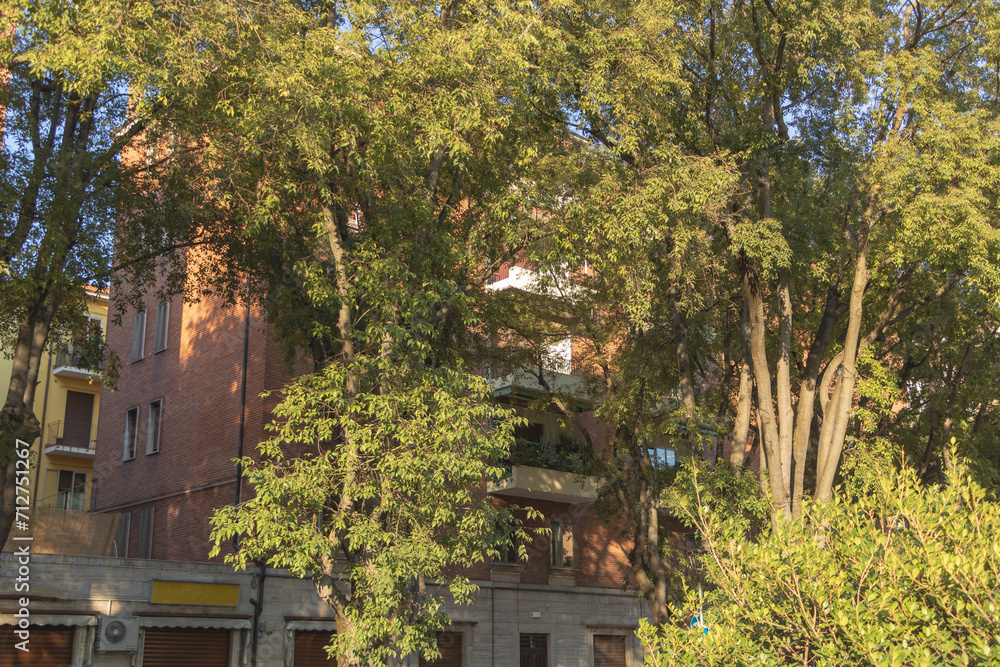 Some trees in front of a brick building in Italy Some trees in front of a brick building in Italy