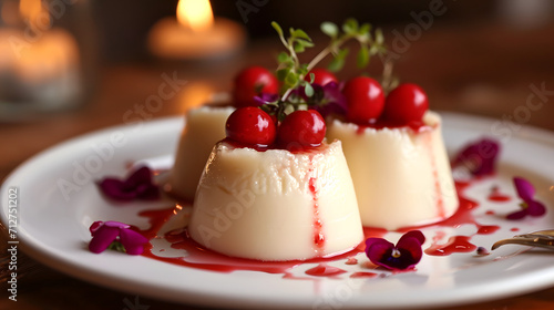A decadent dessert spread, complete with creamy panna cotta and vibrant berry sauce, sits atop a white plate surrounded by flickering candles and delicate flowers, creating a sweet and elegant indoor photo