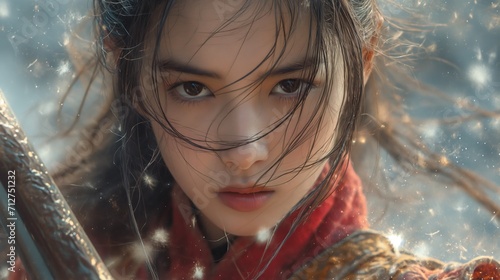 A young asian woman holding a sword, colorful costume, movie still, weathercore, dynamic and intense photo