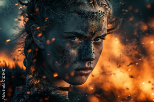 Fierce Viking warrior girl, Braided hair, untamed spirit, bravery, Battlefield on fire behind her