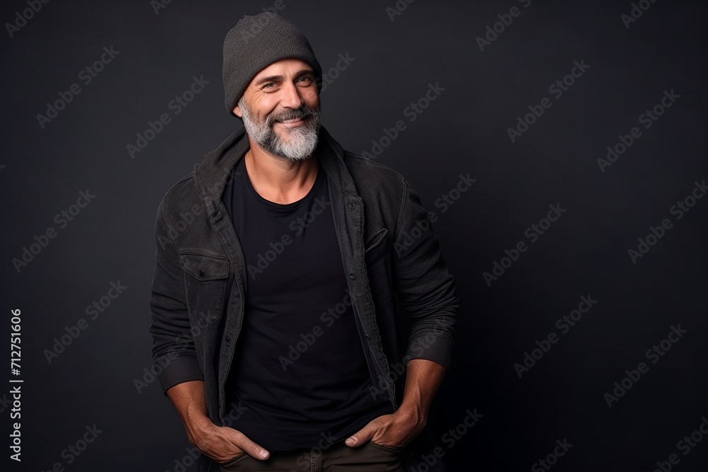 Portrait of a handsome mature man in a black T-shirt and hat. Portrait of a handsome mature man in a black T-shirt and hat.