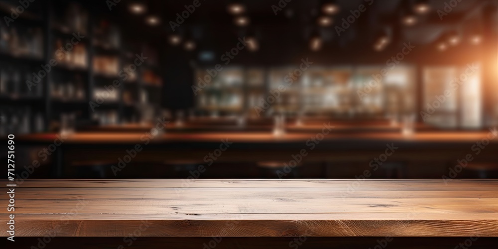 Product display on empty wooden table or counter in a cafeteria, bar, or coffeeshop backdrop.