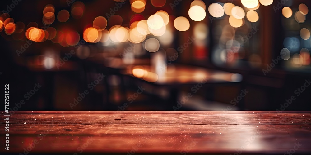 Empty table top on dark blurry cafe background for your display.
