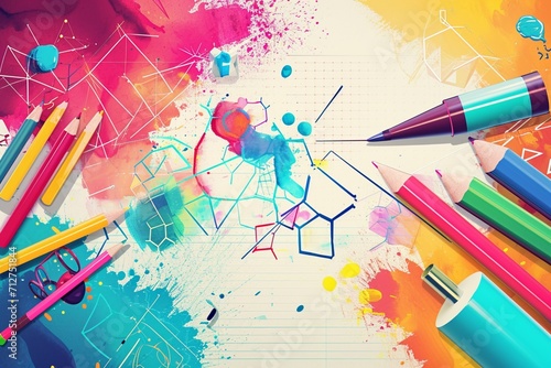 dynamic back to school background with a burst of colorful geometric shapes and symbols representing different academic subjects