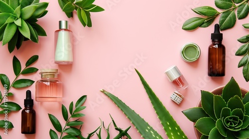 Aloe cosmetic collection, flat lay bottles and jars on pink background. Medicinal plant. Used to treat and to make a cream