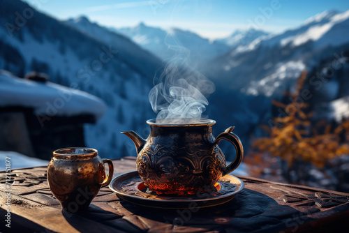 Hot tea high in the mountains. Harmony with nature. Generated by artificial intelligence © Vovmar