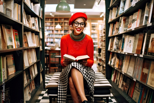 A young african ethnicity female in preppy style clothing browses books in a library background. The colorful fashion and trendy outfit complements the intelligence and beauty of university student. photo