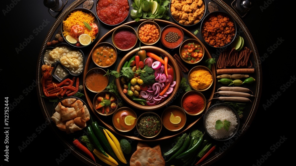FF A sumptuous thali spread, featuring an array of colorful curries, dals, chapatis, and pickles, with each element meticulously arranged to highlight the diversity of Indian cuisine -Generative Ai